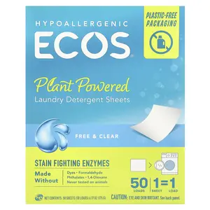 Earth Friendly Products Ecos®, Plant Powered Laundry Detergent Sheets, Free & Clear, 50 Sheets