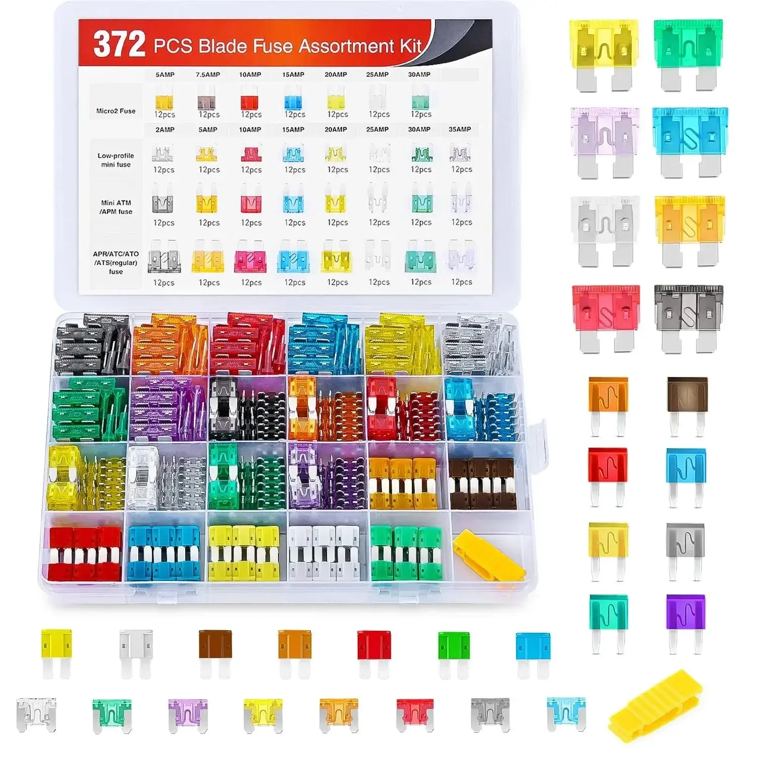 Nilight 372-Piece Zinc Alloy Blade Fuse Assortment Kit with 24-Slot Storage - Standard,Mini,LP Mini,Micro2 Types,High Conductivity,Overload Safe,Vehicle Use for Car,Truck,RV,ATV Circuits,Works Across Cars