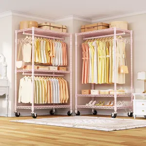 Heavy-Duty Rolling Clothes Rack P1 Pink Pastel Portable Wardrobe with Wheels for Hanging Clothes Organiser,Hold 500lbs Hangable Storage Furniture Organizing