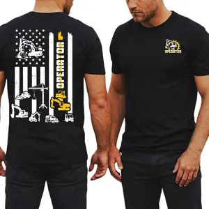 Operator Construction Equipment American Flag 2 Sides Graphic T Shirt, Soft Cotton Blend T Shirt, Excavator Crane Bulldozer Graphic Design Tee, Blue Collar Workwear Apparel for Men, Gift for Construction Workers