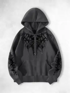 Men's Dark Campus Fashion Graphic Zipper Hoodie, Street Style Fitted Sweatshirt, Fall & Winter New Arrival, Trendy Spring Apparel, Streetwear