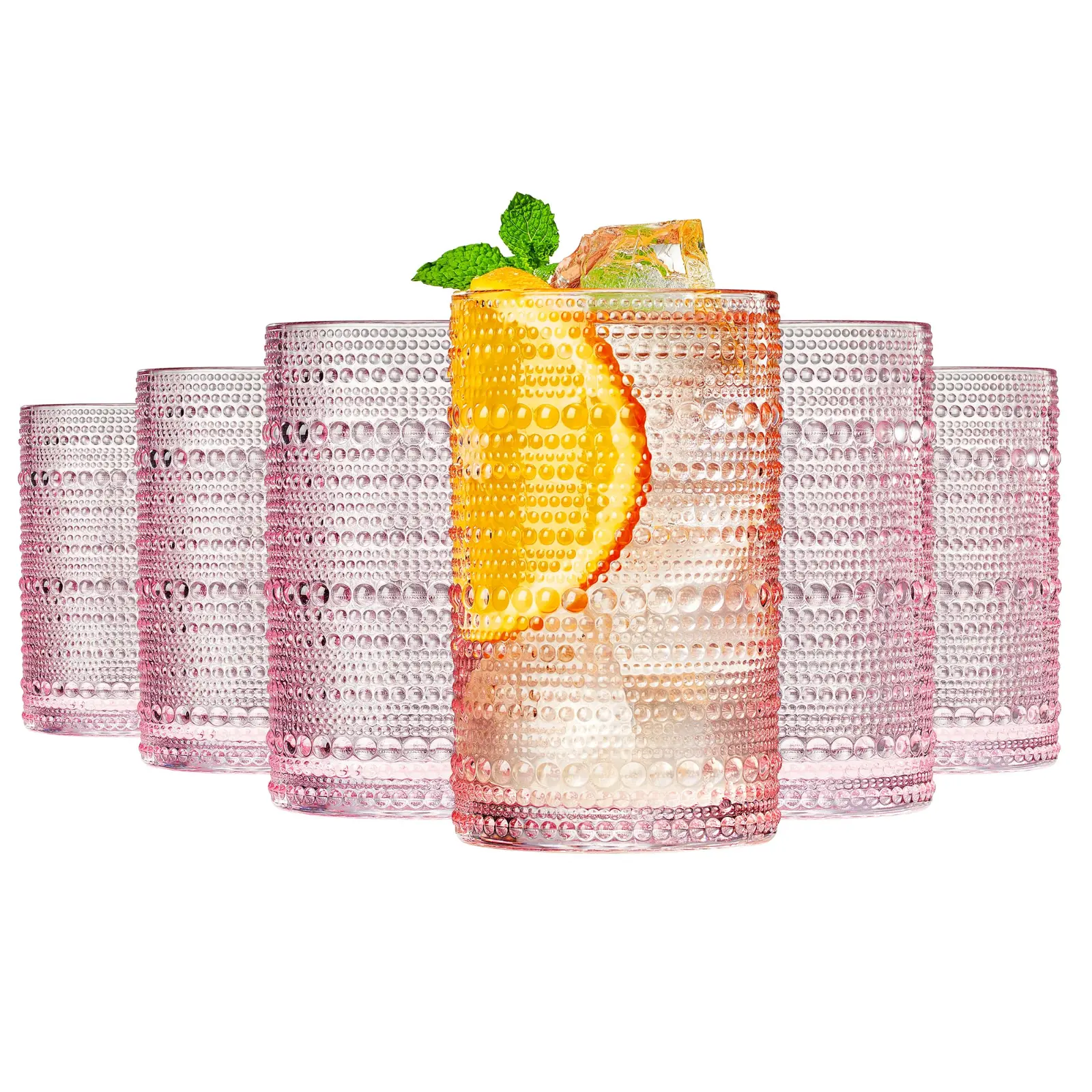 Khen Hobnail Beaded Highball Drinking Tumbler Glasses | Set of 6 | Pastel Pink, Vintage Bubble Whiskey Glassware, Embossed Cocktail, Water, Rocks Glass