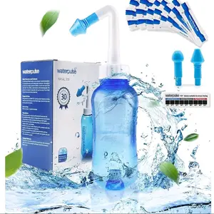 Waterpulse Neti Pot Sinus Rinsing, Nasal Wash Bottle Sinus Rinsing Bottle Cleaner Pressure Irrigation Neti-Pot with Sticker Thermometer for Adult & Kid (300ml with 30 Nasal Wash Salt Packets, Blue)