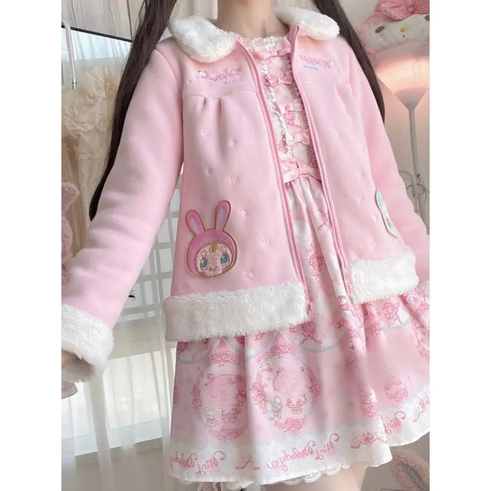 Japanese Kawaii Cartoon Embroidery Pink Coat Women Fur Patchwork Cute Jacket Autumn Y2k Aesthetic Girls Zipper ​Loose Outwear