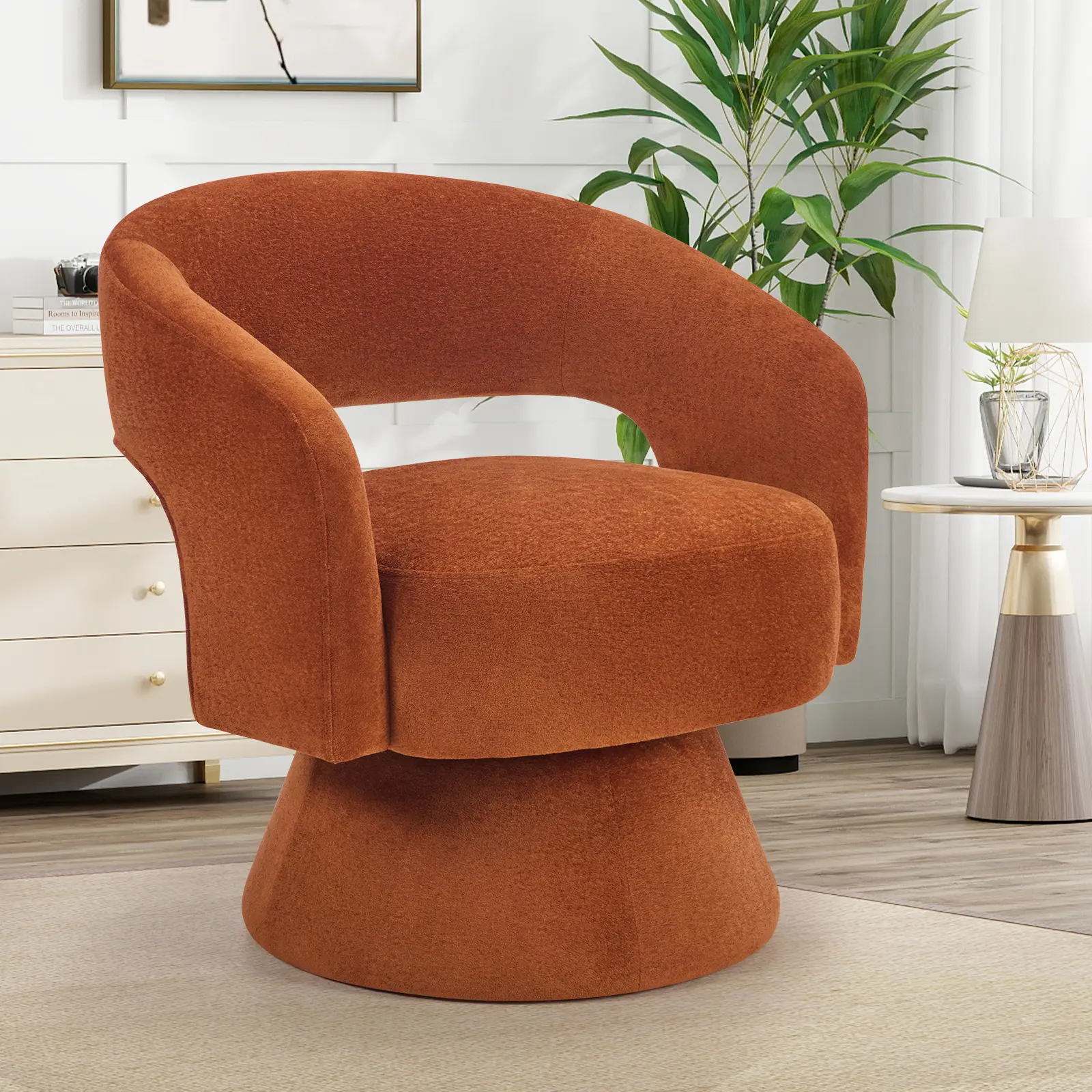 EBELLO 21.3" Beige Velvet Swivel Barrel Accent Chair - 360° Rotating, Round Armrests, Deep Seat, Ergonomic, Mid Century Modern Upholstered Comfy Reading Modern Lounge Chair for Living Room, Bedroom, Comfy Reading Chair