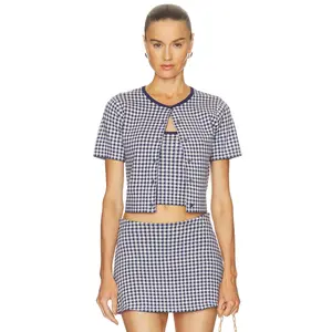 Good American The Keepsake Cardigan in Navy Gingham