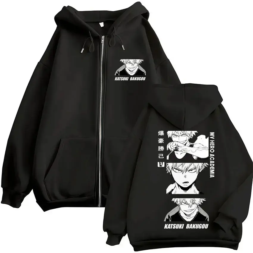 Menswear Men's Stylish Vintage My Hero Academia Graphic Zip-Up Hoodies - Japan Anime Manga Oversized Fleece Longsleeve Harajuku Fashion Casual Sweatshirt Coats