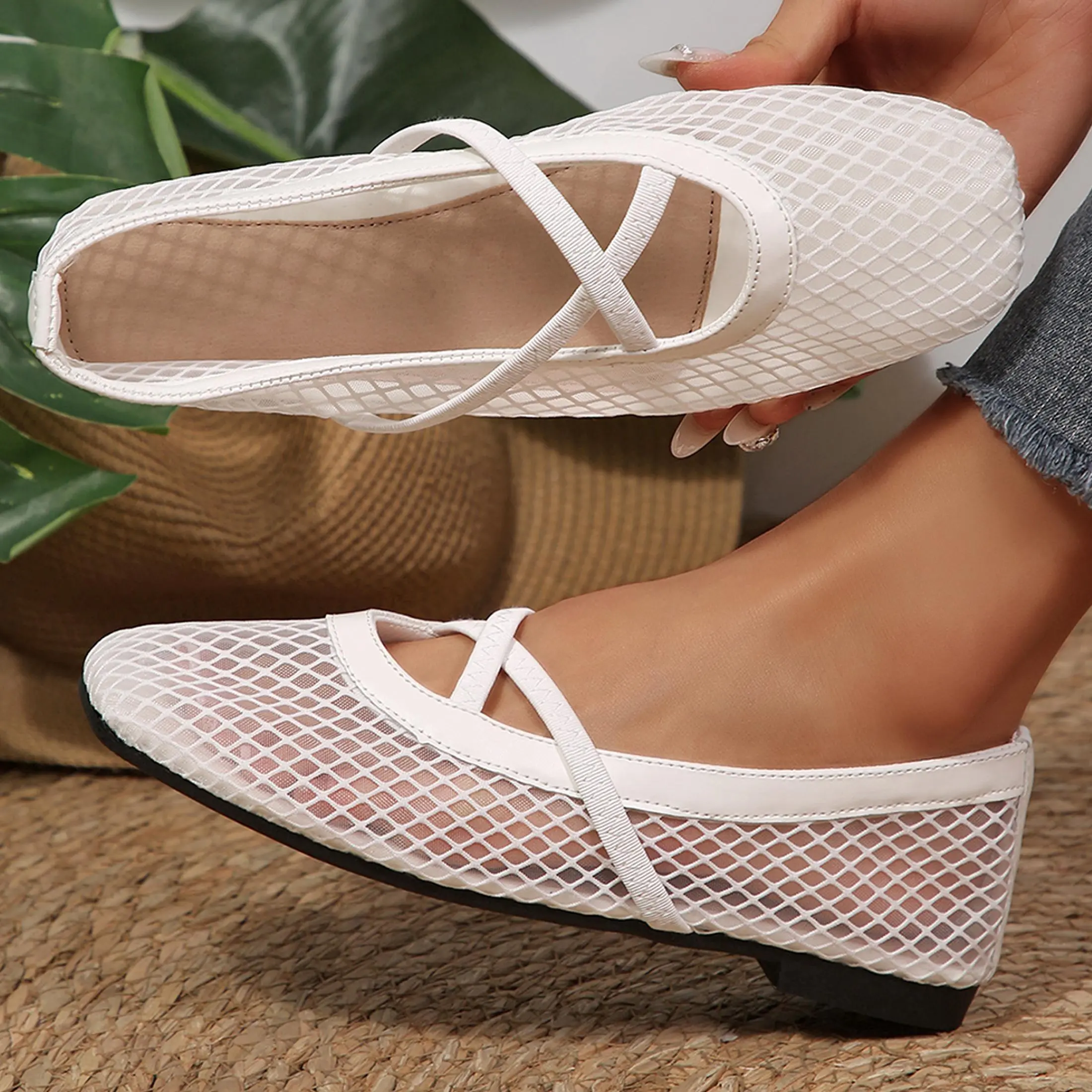 Mesh Ballet Flats for Women Slip On Flats with Crisscross Strappy Comfy Ballerina Shoes Trendy Dressy Work Casual Daily