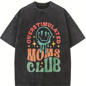 Holafish Acid Wash Vintage Tee “MOM'S Club” pattern T-Shirt,MOM'S Day T-shirt Heavyweight Cotton Streetwear graphic vintage tees Menswear Crewneck Tshirt unisex funny cat worm women