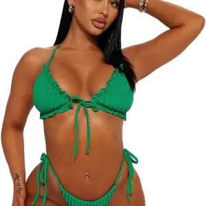 Briana Ruched 2 Piece Bikini - Green, Adjustable Tie Waist, Braided Design, Versatile for Various Outfits