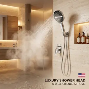5.9-inch large paanel handheld showerhead with rour spray modes:rainfall,Mist.Pulse,and jet.Easy to install.comes with a 59-inch shower hose and bracket universal connector.easy to install Available in black,silver