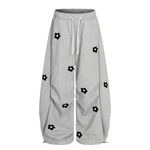 Unisex Floral Towel Embroidery Baggy Barrel Sweatpants Elastic Waist Drawstring Casual Pants Y2K  Streetwear Loose Fit Vintage Joggers