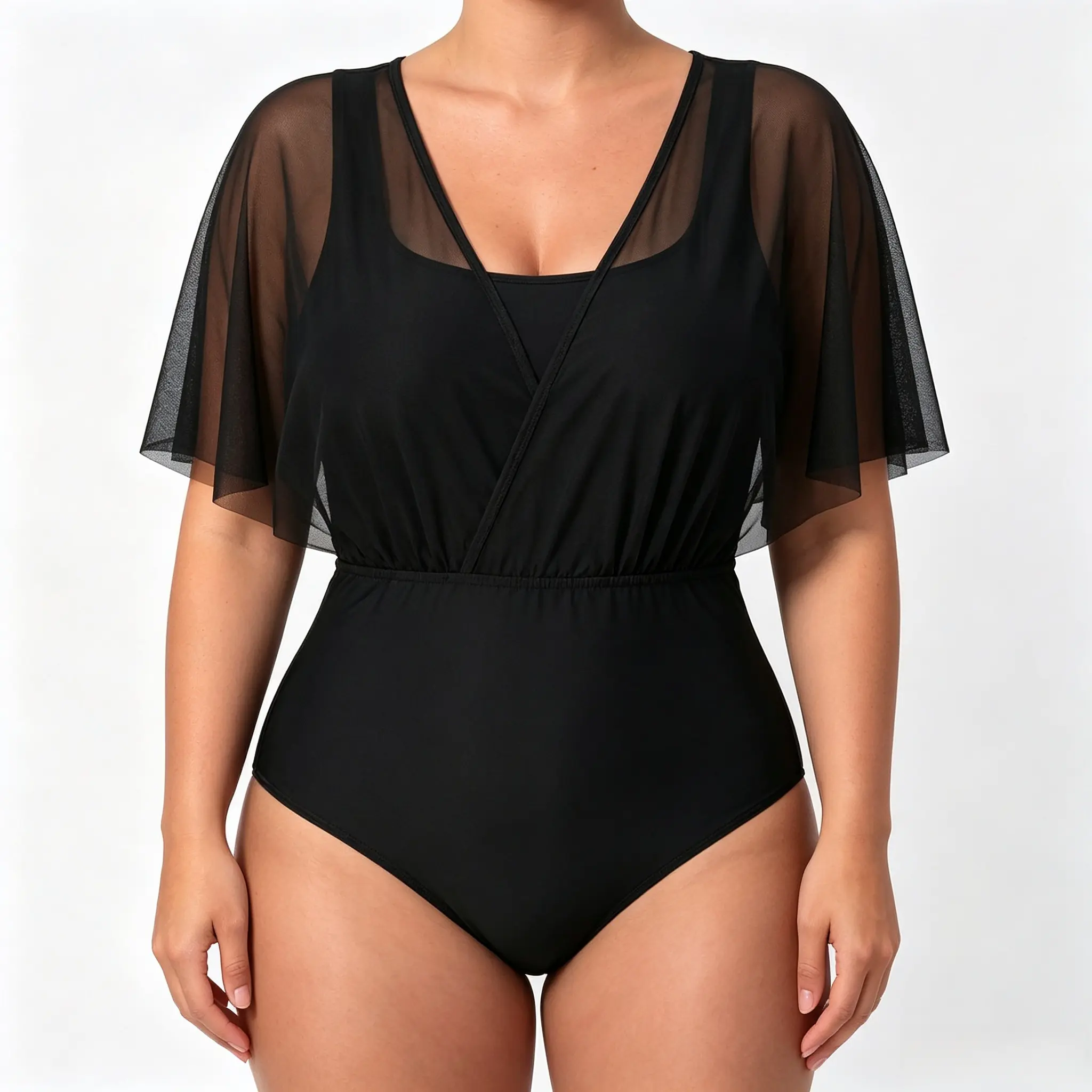 Women's Plus Size Black 1-Piece Curvy Cut Swimsuit - 2026 New V-Neck Flutter Sleeve Bathing Suit, Shape Hold, Soft Fabric for Beach Vacation (1XL-5XL), 1-Piece Swimsuits, One Piece Swimsuits, Flutter Sleeves