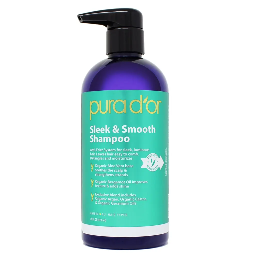 PURA D’OR Sleek & Smooth Shampoo 16oz (473ml) – Anti Frizz Shampoo for Smoother Straight Hair with Argan Oil, Aloe Vera & Castor Oil, Sulfate Free Moisturizing Shampoo