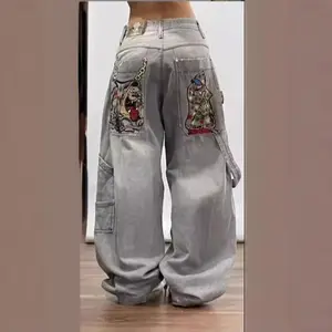 High Street Personalized Patterns Loose Straight Wide Leg  Cute  cut Jeans Pants Streetwear