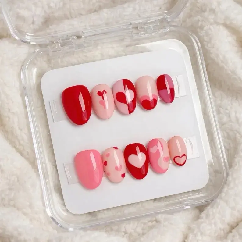 Handmade Red & Pink Heart Press On Nails | Valentine's Day Almond Gel Nails