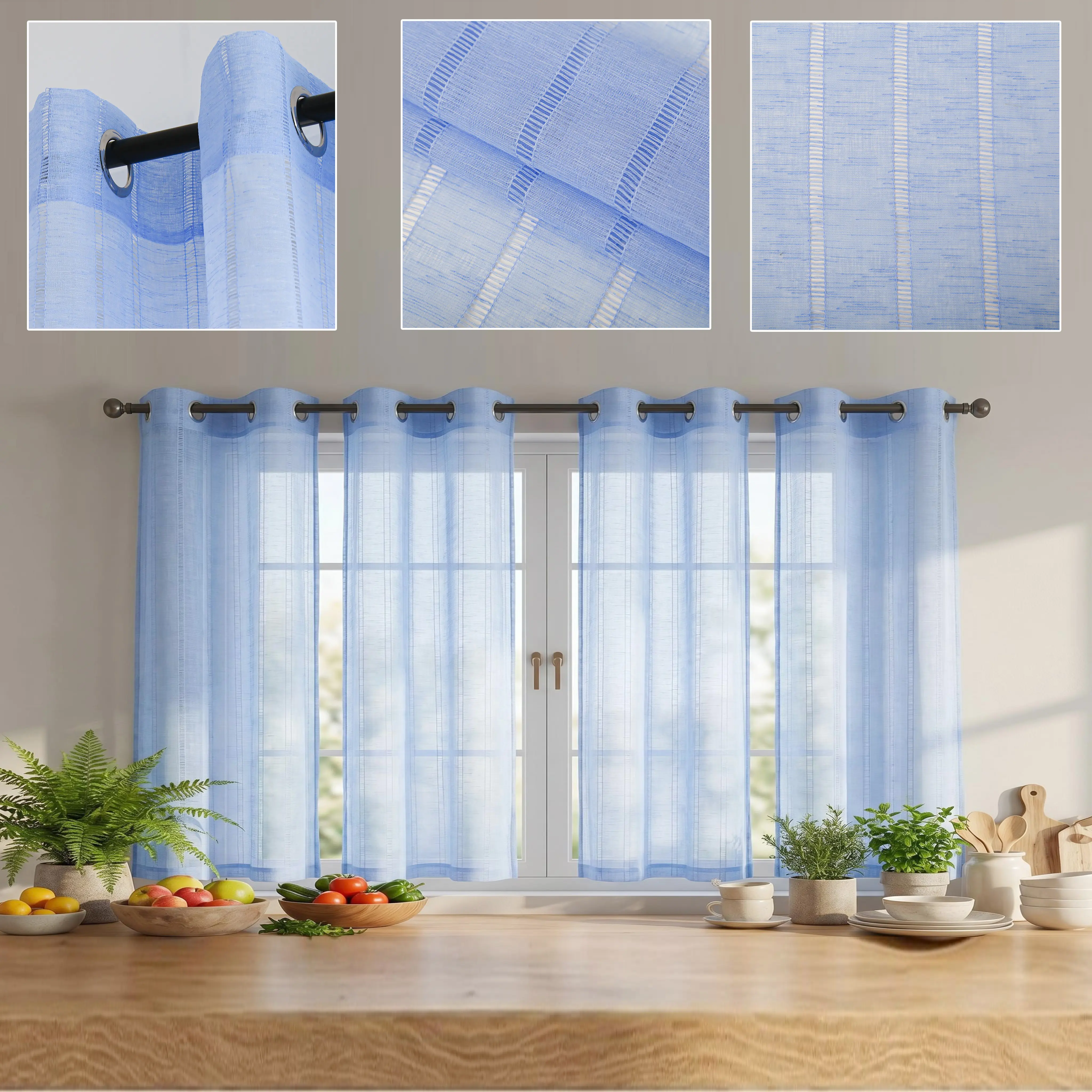 4-Piece 26inch Grommet Top Window Curtains - Bamboo Gauze Yarn, Delicate Hollow-Out Stripes, Flat Weave, Wrinkle Resistant, Lightweight Solid Color Sheer Drapes for Bedroom Living Room Home Decor (FT6660, 26x36in, Natural Light Filtering)