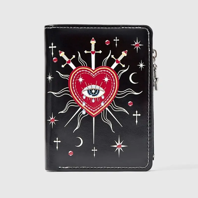 Gothic Women's Wallet, Bifold Wallet, Wallet Card Holder, Punk Style Zipper Coin Purse, Heart Eye Gem Crystal Design, Suitable for Daily Use, Card Coin Pouch, Wallets Women