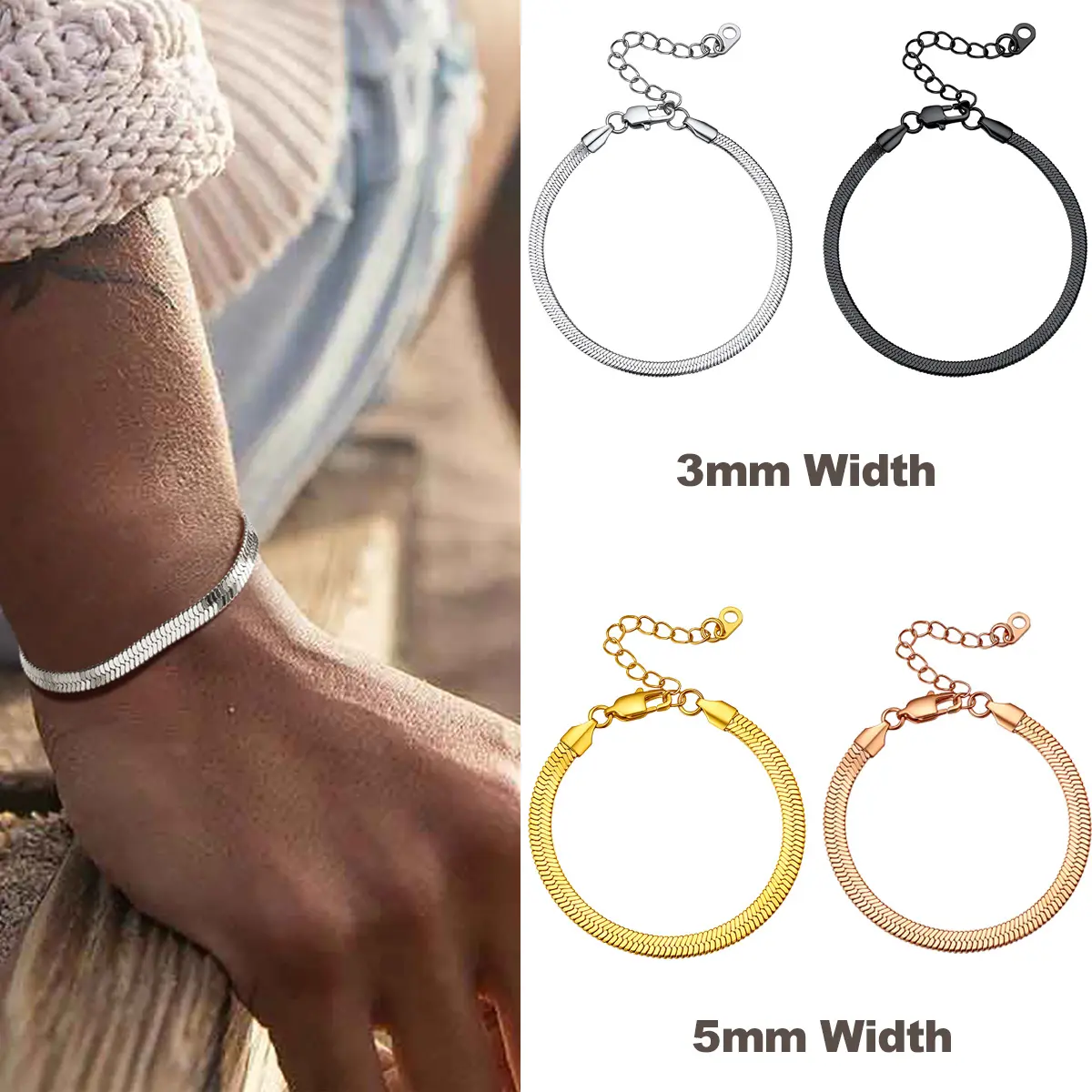 PROSTEEL Herringbone Flat Chain Bracelets Stainless Steel Chain Bracelet Beautiful Summer Jewelry 6.3/8.5inch Adjustable Unisex For Men Women Gift Box