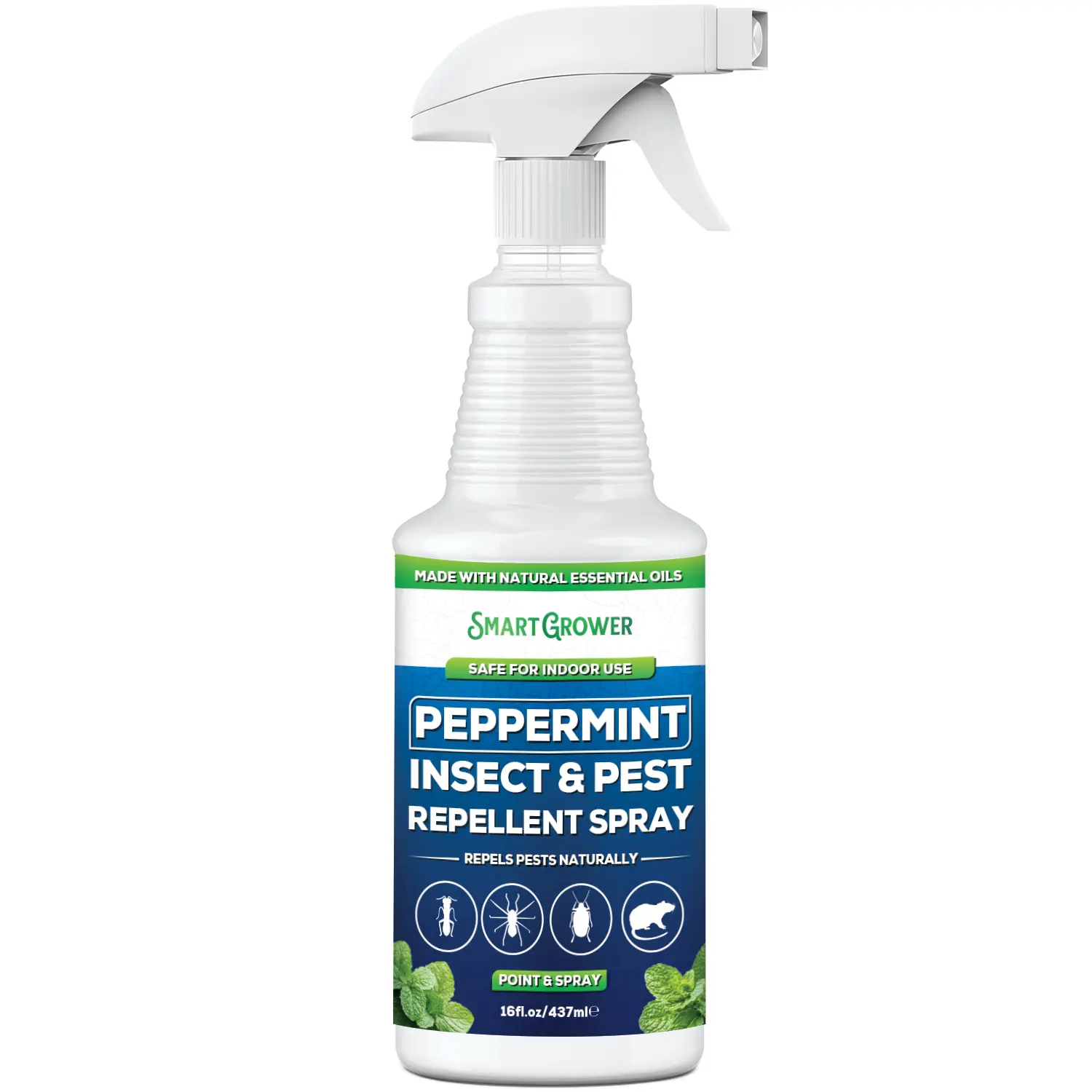 Smart Grower Natural Peppermint Oil Insect and Pest Spray – Maximum Strength - Safe Scent Formula for Home & Garden – 16 FL OZ Insect Repellent Bugss Repellant Anti Mosquito