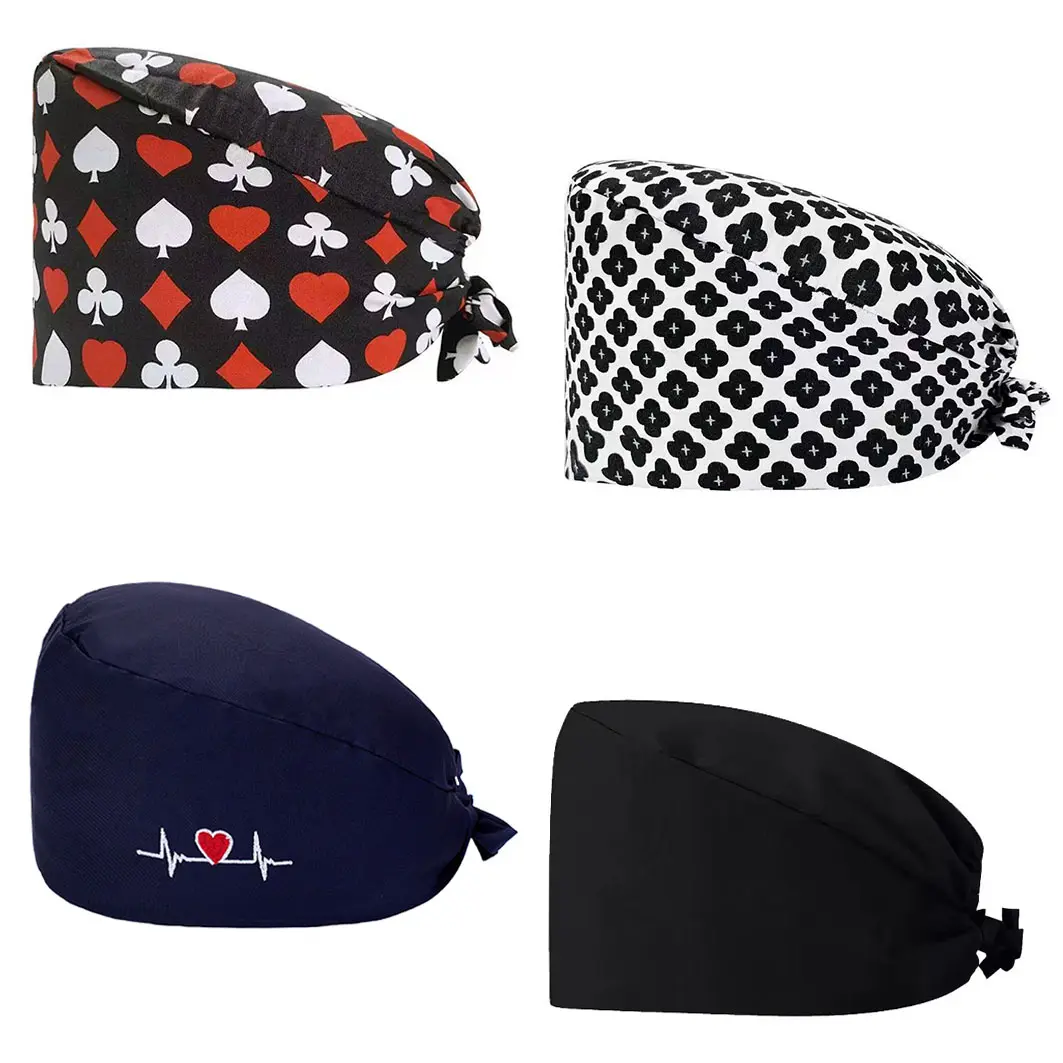 Women's Fit Scrub Hats, 4-Pack Adjustable Surgical Caps with Buttons, Breathable Cute Design for Nurses, Adjustable Hat, Beanie Fitted, Floral, Unisex, Casual, Polyester, 4‑Cap Rotation