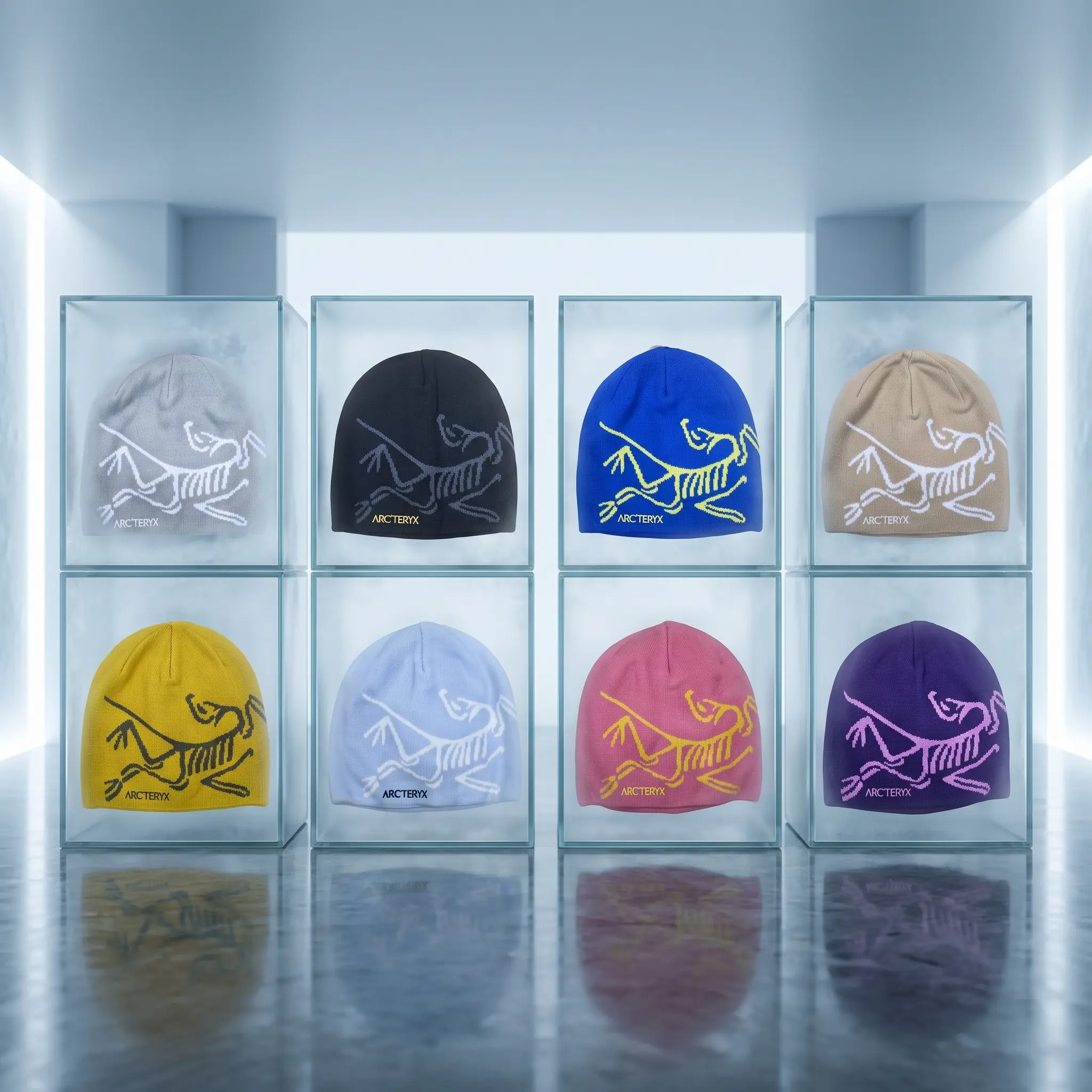 Arcteryx Style Bird Skeleton Beanie Multi-Color Variant Grid | Heavyweight Winter Gorpcore Skull Caps | Glass Cube Showcase Profile