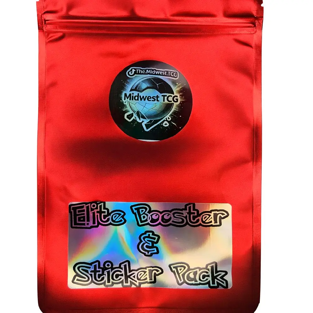 Midwest TCG Elite Booster and Sticker Pack-  10 Custom Holo Stickers- 4 Booster Packs - 4 Hits AR IR EX Vmax Vstar