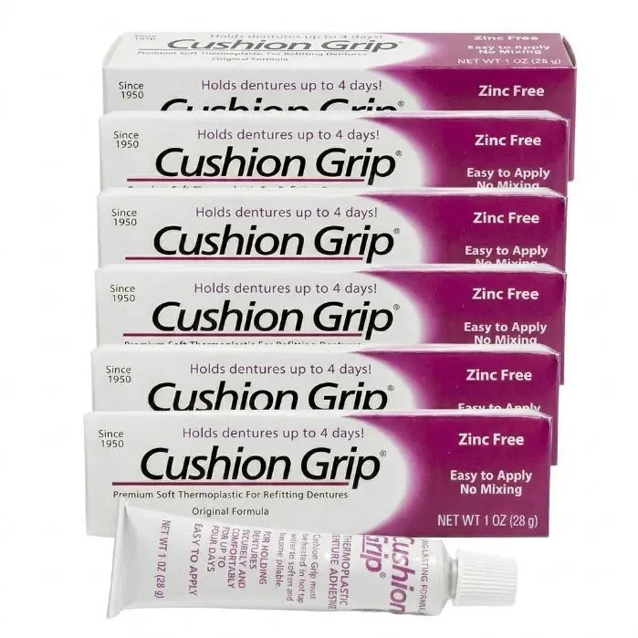 Cushion Grip Thermoplastic Denture Adhesive – Refits and Tightens Loose Dentures, Works Like a Denture Reliner for Long-Lasting Comfort, Holds Up to 4 Days, Waterproof and Zinc-Free – 1 oz (Pack of 6)
