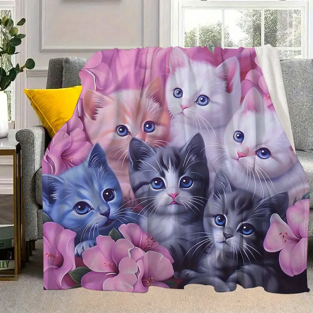Cute Kitten Blanket, Soft Flannel Throw Blanket with Floral Cat Print, Cozy Gift for Cat Lovers Kids Girls Teens Women, Sweet Pet Lover Blanket for Bed Couch Sofa Bedroom Dorm, Warm Lightweight Blanket for Movie Night, Napping and Cat Room Decor