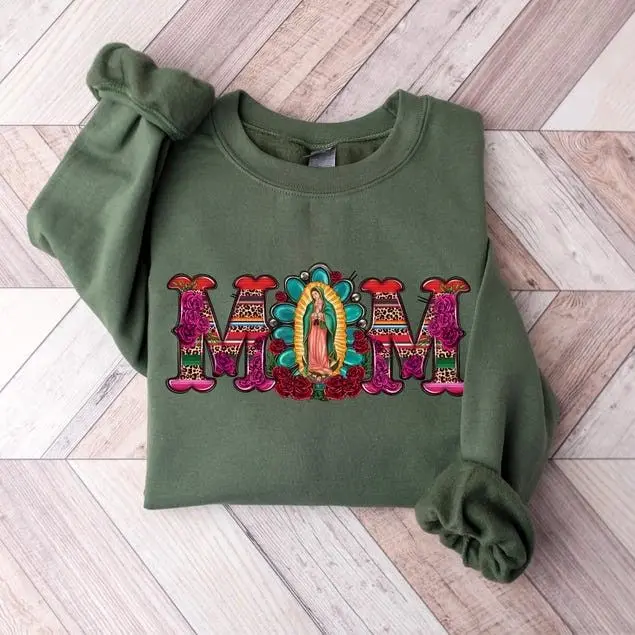 Mexican Mom Shirt and Sweatshirt with Virgen de Guadalupe, Mother's Day Shirt, Mexican Heritage Shirt, Latina Mom Sweater, Latin Culture Mom Tee