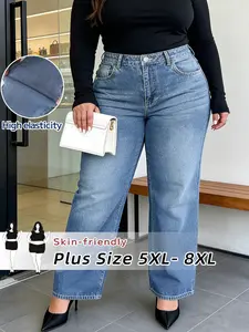 Plus Size High Waisted Elastic Wide Leg Jeans Pants for Women, Loose Fit Casual Style Denim Jeans, All Season Fashion, Available in 5xl-8xl