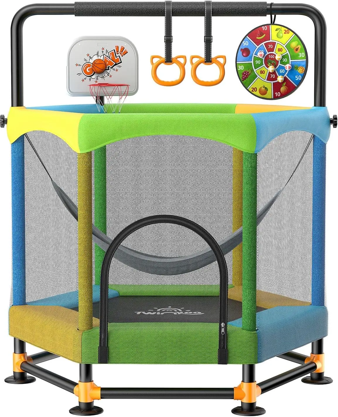 Indoor Trampoline with Safety Net, Adjustable Gymnastics Bar, Ring Legs for Kids Ages 1-8, 440 lbs Weight Capacity