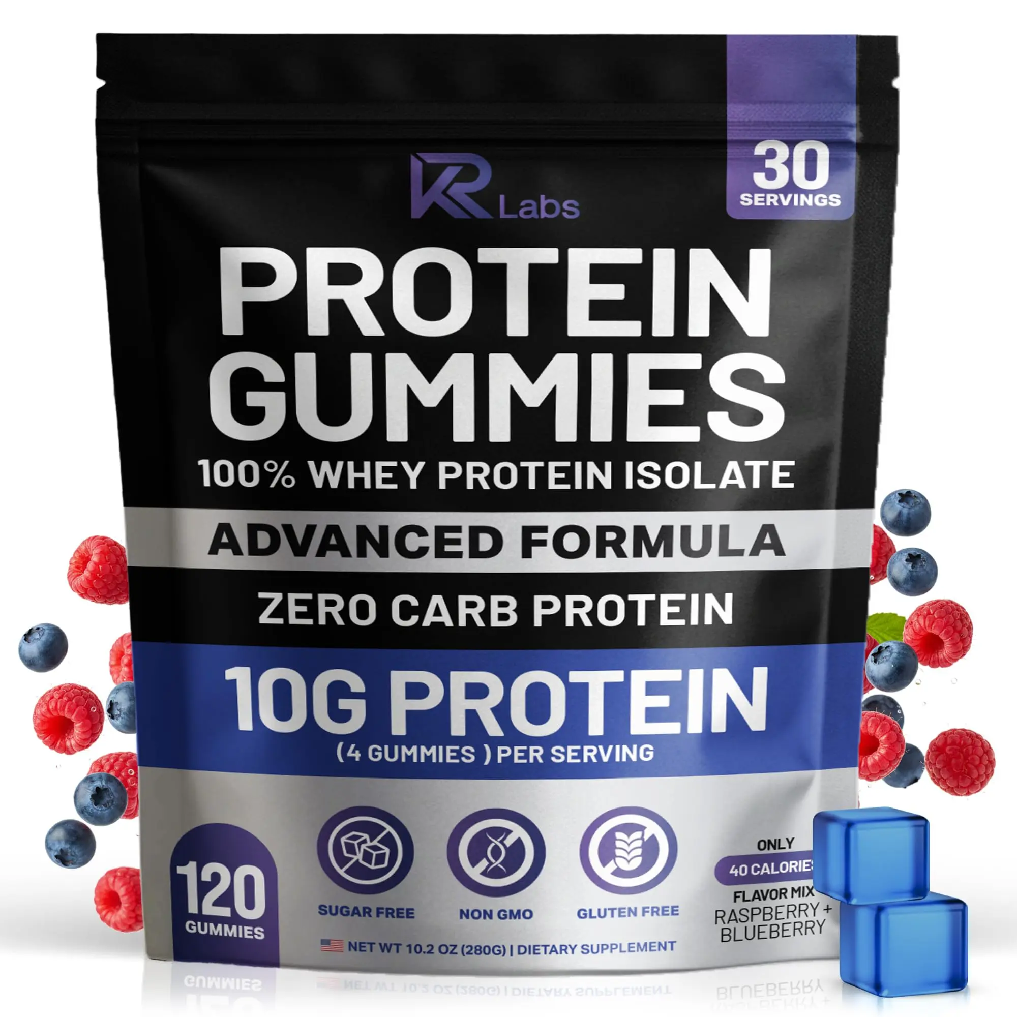 KR Labs Zero Carb 100% Pure Whey Isolate Protein Gummies | 300g Total Protein per Bag | 10g per Serving Plant Based with Vitamins for Men & Women | Gluten Free Non-GMO