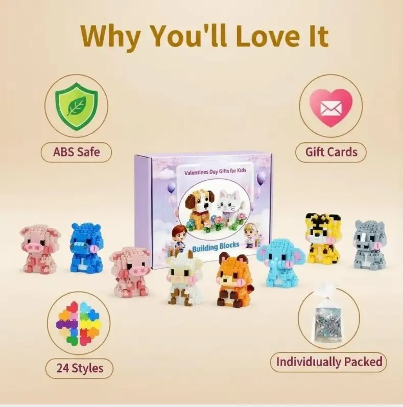 Mini Animal Magnetic Building Blocks - 24 Days Countdown Feature Set with Mixed Color Silicone Beads, Movable Skeleton Robot, Bricks and Minifigs for Kids DIY Keychain Doll, Christmas Gifts Holiday Season Fillers