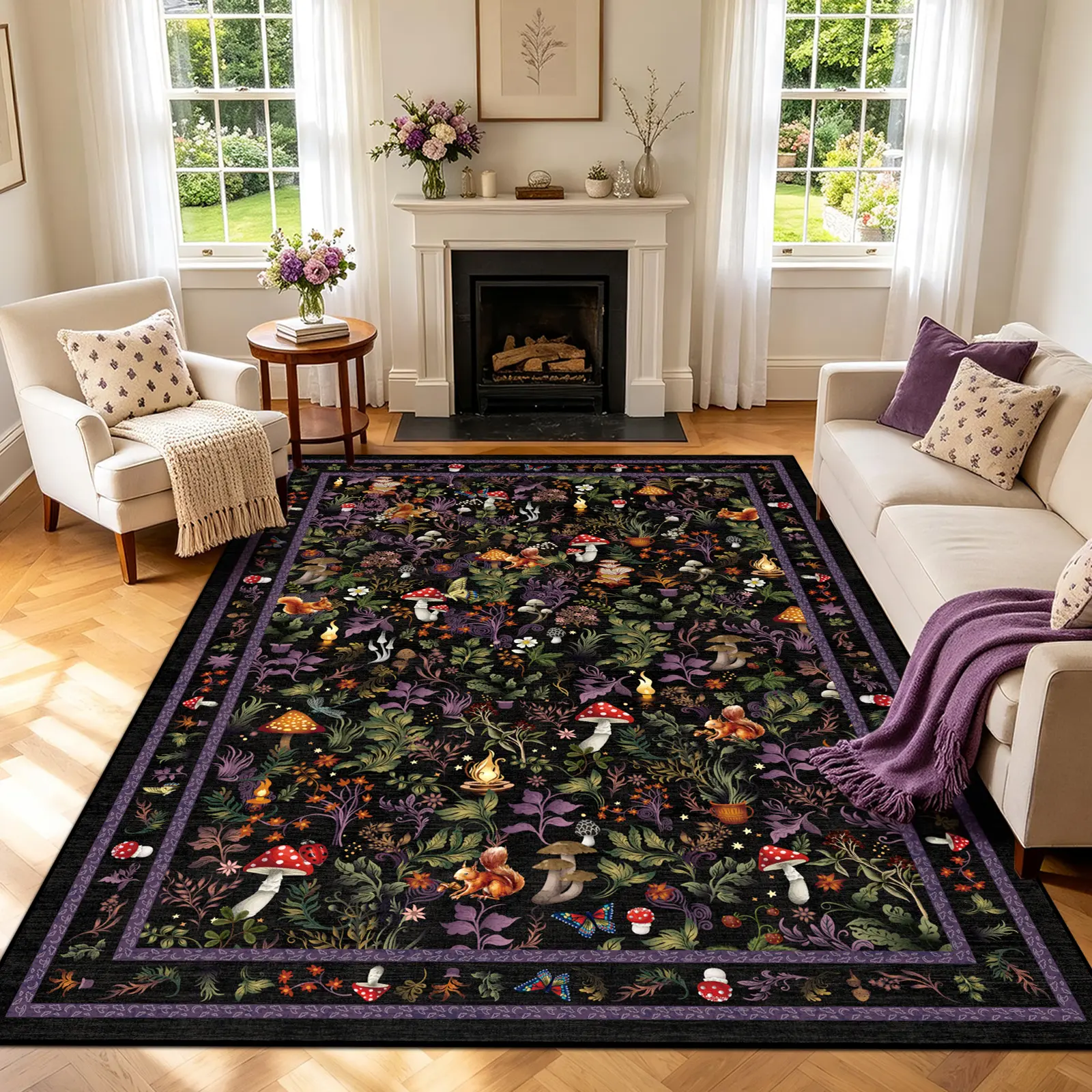 Geanup Fantasy Fox Mushroom Rug Non-Slip Soft Thin Whimsical Home Decor, Cartoon Area Rugs for Living Room, Bedroom, Botanical Animal Accent Floor Carpet for Household Spaces,Back to School,Apartment Essentials,Home Essentials