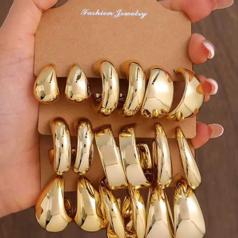 Women's Fashion Gold-Tone Earrings Set, C-Shaped & Teardrop Design, Multiple Styles, Fashion High-Quality Jewelry for Daily Wear, Gift Ideas, Trendy Jewelry