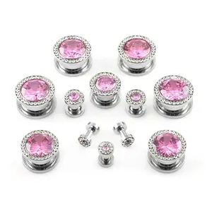 Pink & Clear CZ Diamond Stainless Steel Plugs