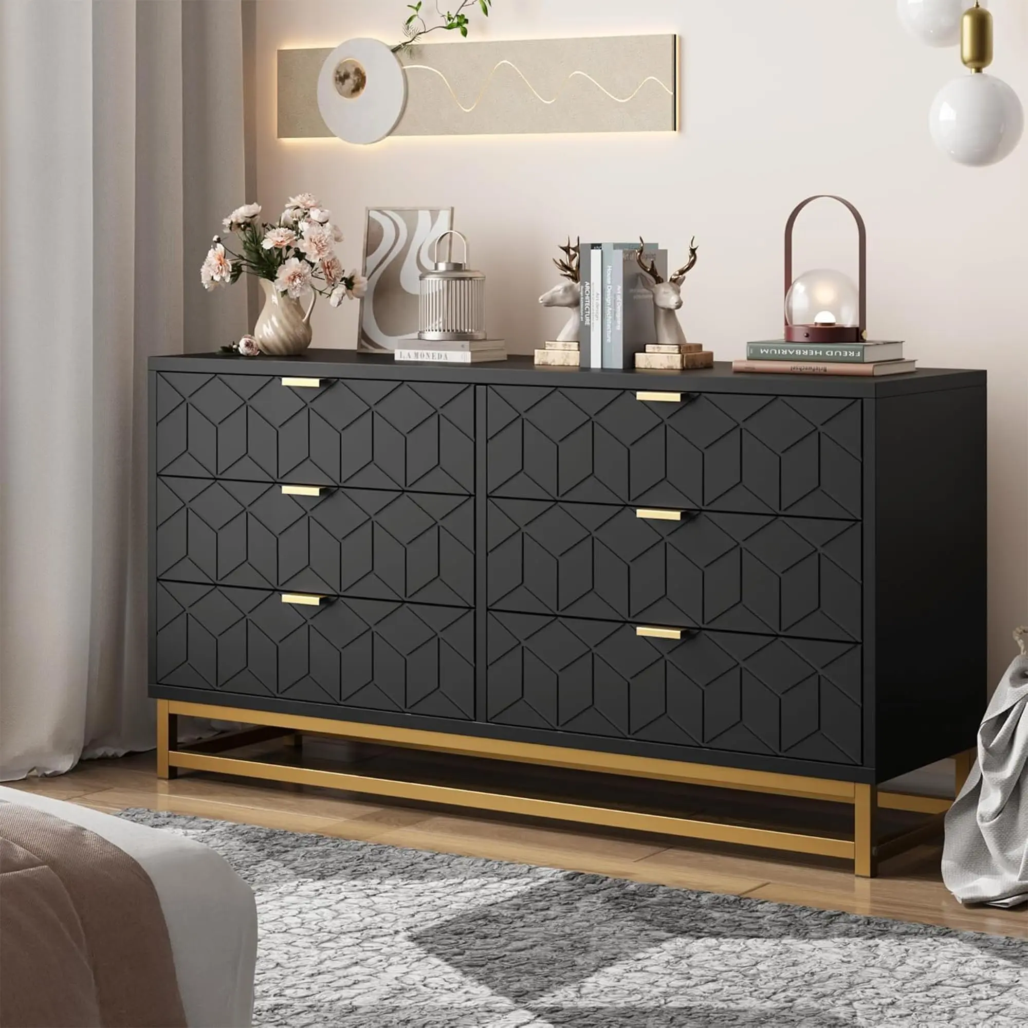 Garvee 53.5" Large Modern Dresser Organizer with 6 Drawers, Metal Legs and Handles, Available in Black and White, Suitable for Bedroom, Closet, Hallway, Living Room, and Entryway Storage