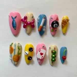 T60 Lynn Quirky Charm Press-On Nails, 3D Fish, Dice, Playing Card, Balloon Dog, Croissant, Cherry & More, Colorful Retro Art, Custom Handmade, Fun Vibes, Gift for He