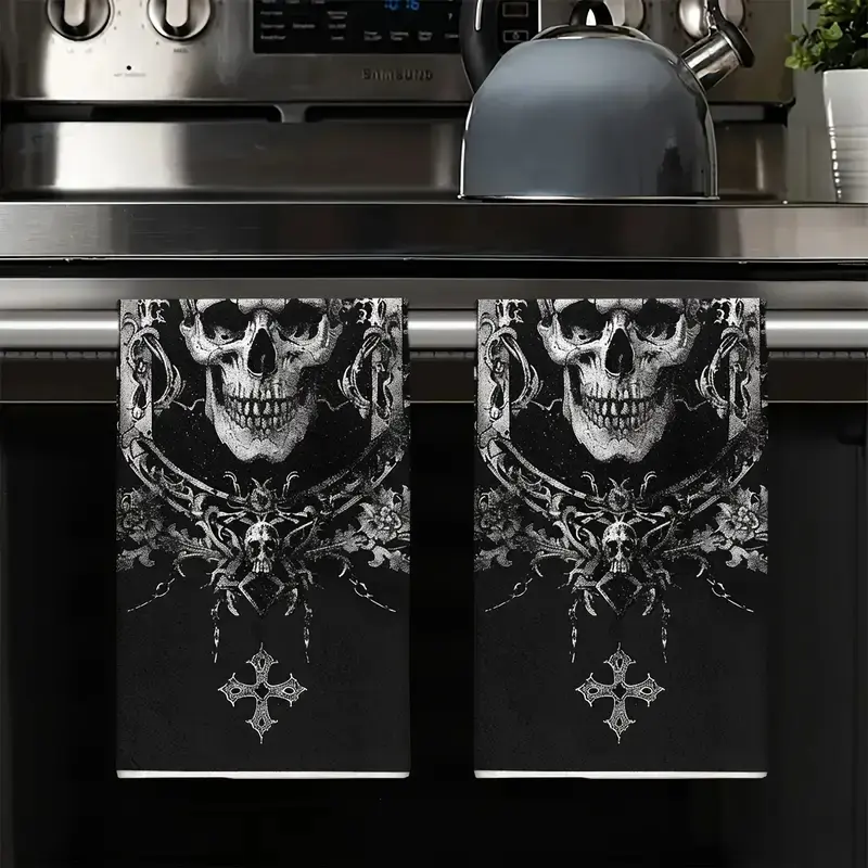 Halloween Skeleton Skull Hand Towels Set of 2, Absorbent, Versatile Kitchen Dishcloths, Decorative Design Cleaning Supplies for Cooking Baking Housewarming Gifts