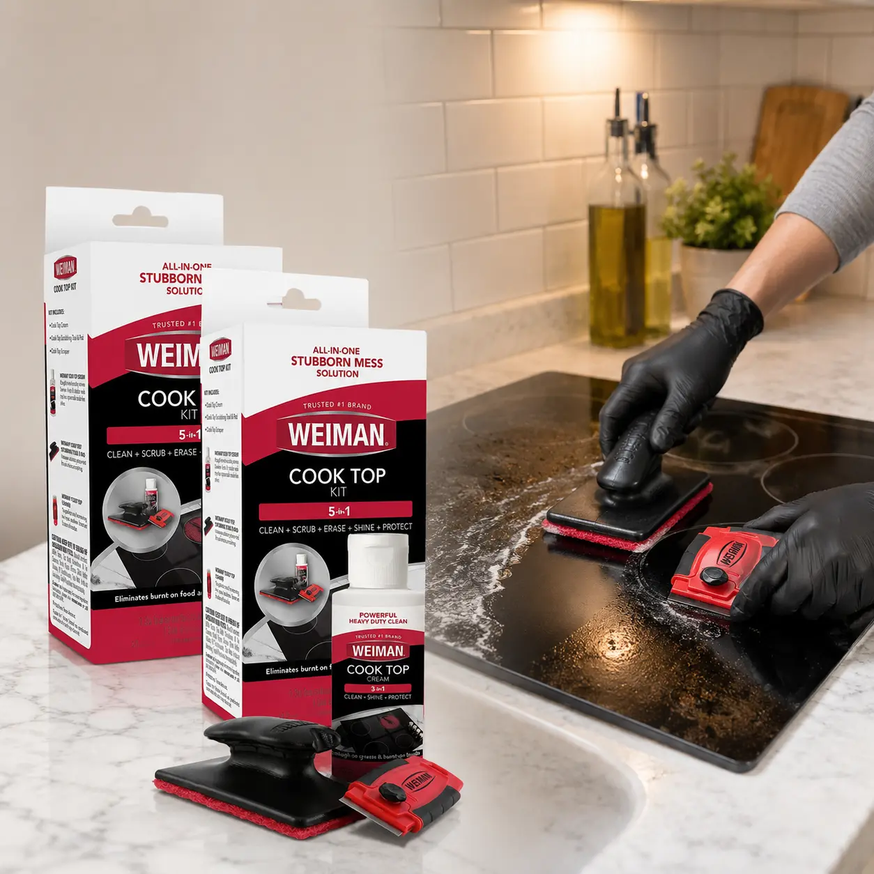 Weiman 2 oz. Glass Cook Top Cleaning Kit Household, Glass Cooktop Cleaner, Ceramic Stove Top Cleaner Kit, Burned-On Food Remover, Heavy-Duty Cooktop Cleaner, Weiman Cleaner Polish, Glass Stove Top Scraper, Cooktop Scrubbing Pad, No-Scratch Cleaning.