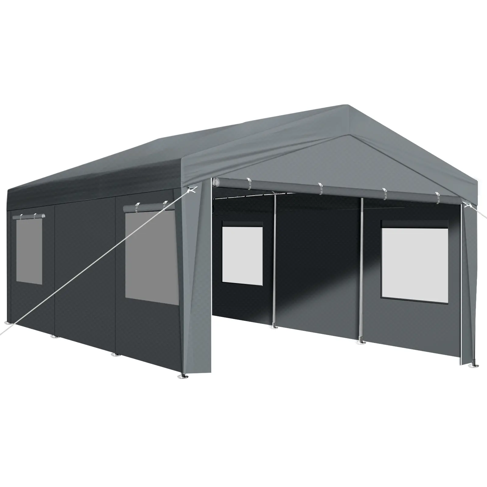 10X20FT/12X20FT dark gray 4-walled 2-window 2-door car shed galvanized steel pipe frame 31mm leg pipe PE cloth heavy-duty car shed