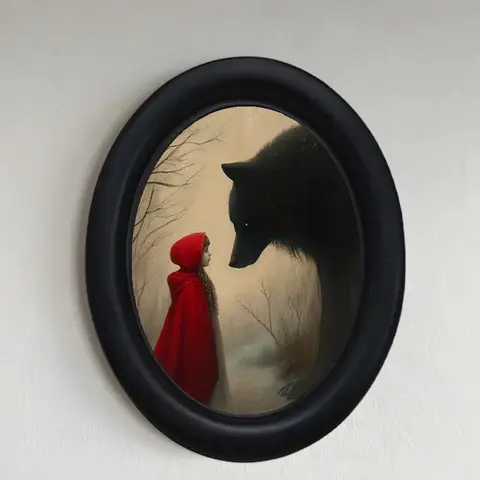 Vintage Art Style Dark Fairy Tale Design, Little Riding Hood and Wolf Pattern Wood Wall Art, Perfect for Halloween Christmas Thanksgiving, Dorm Room Decor, Home Decor Products, Room Decoration