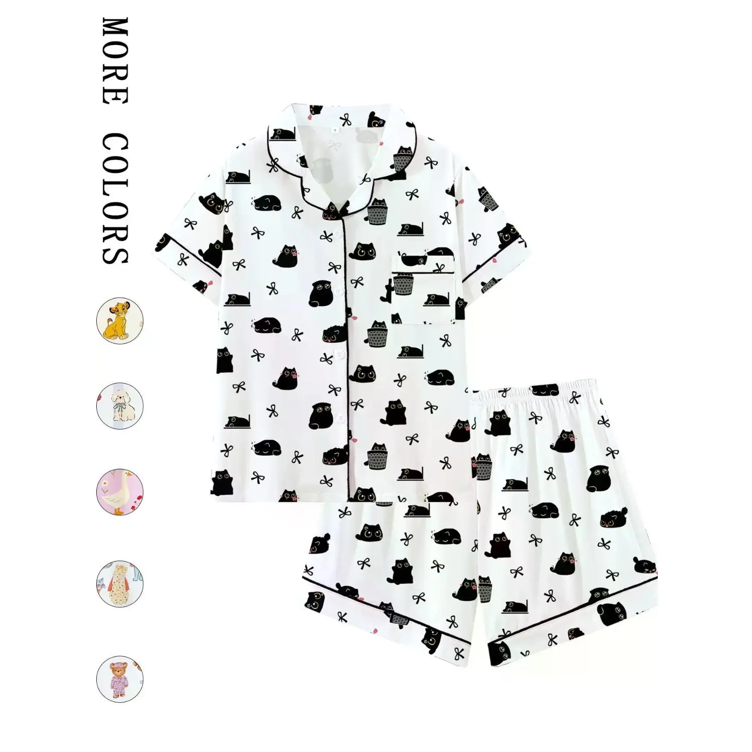 Summer Cat Bow Patterned Pajama Set, Short Sleeve Loose-Fit Sleepwear, Comfortable for Indoors and Outdoors, Ideal Gift, Pyjamas, PJs, Loungewear