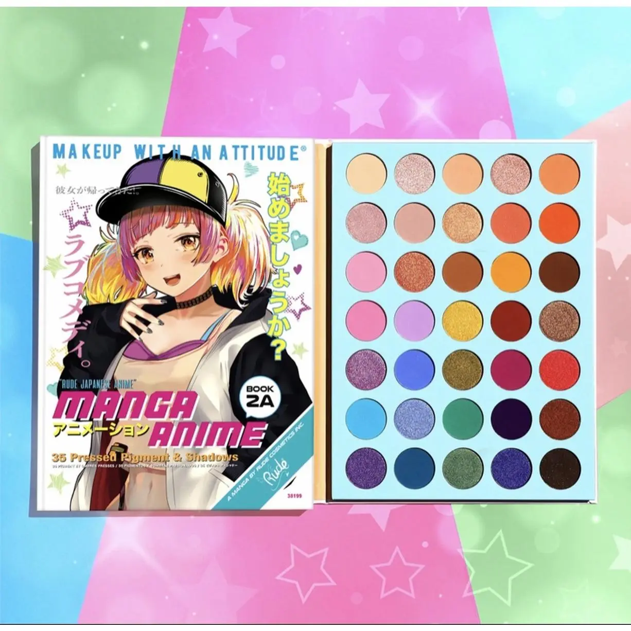 Manga Anime-Inspired Eyeshadow Palette (Book 2A) - Rude Cosmetics 36 Pressed Pigment Palette, Hypoallergenic, Long-Lasting Matte/Metallic Shades for Bold Looks