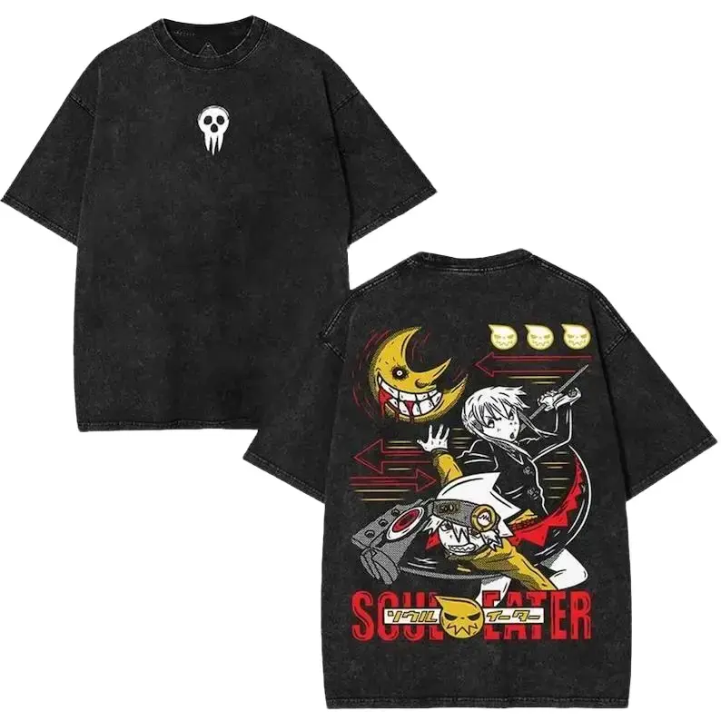 Men's Soul Eater Classic Soft T-Shirt - Vintage Washed Oversized Premium Cotton Short Sleeve Tee with Double-Sided Maka & Soul Graphic, Breathable Streetwear Apparel for Shonen Fans, Tshirt