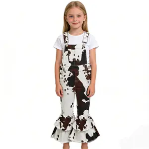 Baby Girls Toddler Jumpsuits Western Brown White Cowhide Denim Double Ruffles Bell Bottom Straps Jeans Suspender Overalls