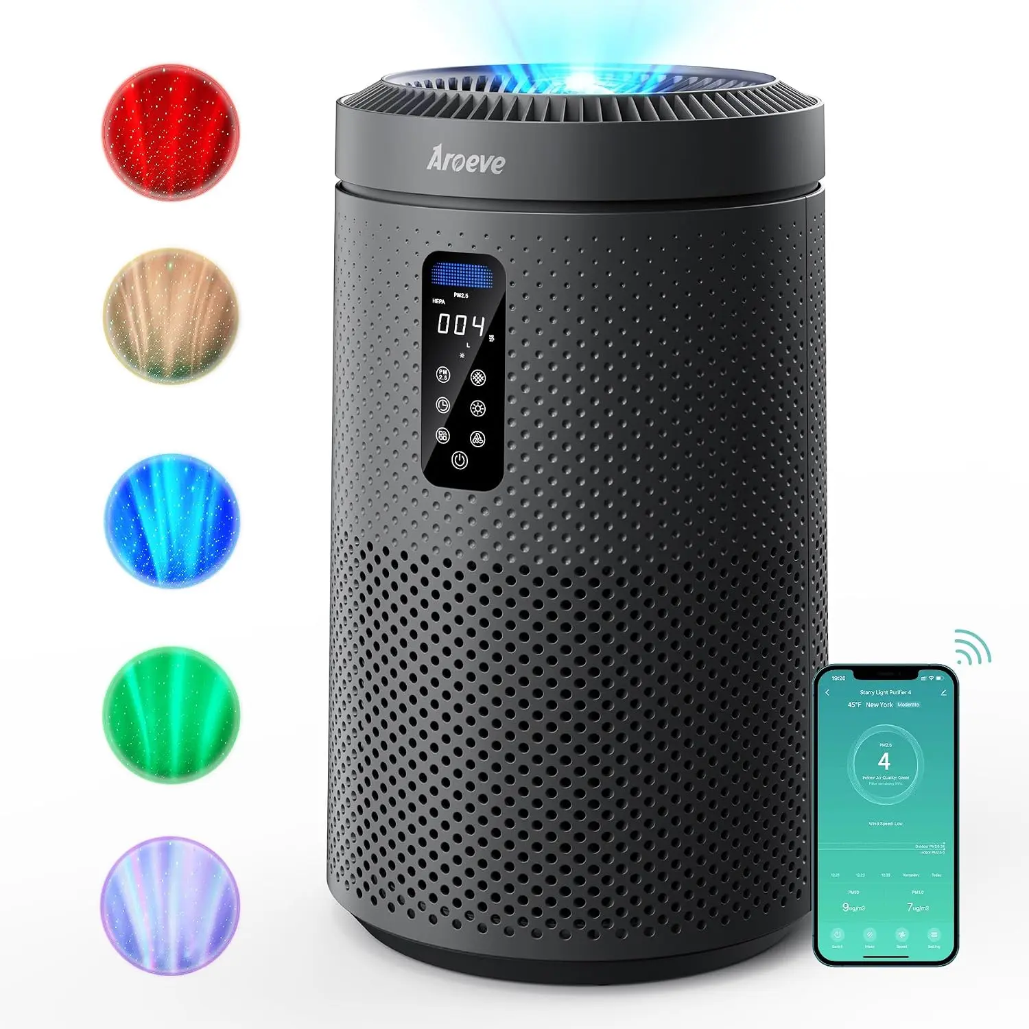 MK09W Black WiFi-Enabled Air Purifier with Adjustable Color Changing Star Projector, Voice Control, Remote Controlled, Air Quality Sensor, UV Function, Washable Filter, Lights, for 1782 Sq Ft Large Rooms Whole Home Use