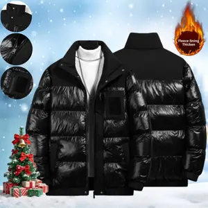 Men's Winter Christmas New Black Shiny Fleece Lined Stand Collar Quilted Zip Up Cotton Bread Jacket Long Sleeve Outerwear Men's With Small Pockets Inside Suitable For Stylish Men's Daily Commute Or Holiday Party coats seamless parka big uniqlo