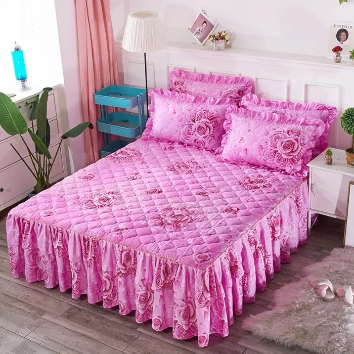 King Size Microfiber Decorative Bedding Sheet Set - Soft Floral Printed Linens with Ruffled Fitted Sheets, Frill Design, 2 Pillowcases, All-Season Non-Slip Universal Fit, Decorative Bedding Set, Bed Sheet Set